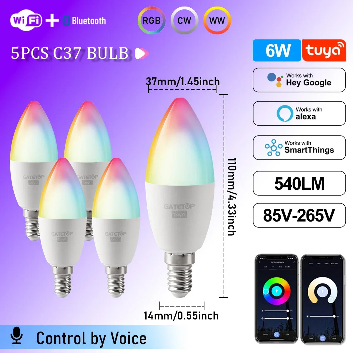 Smart RGB LED Candle Bulb E14 WiFi