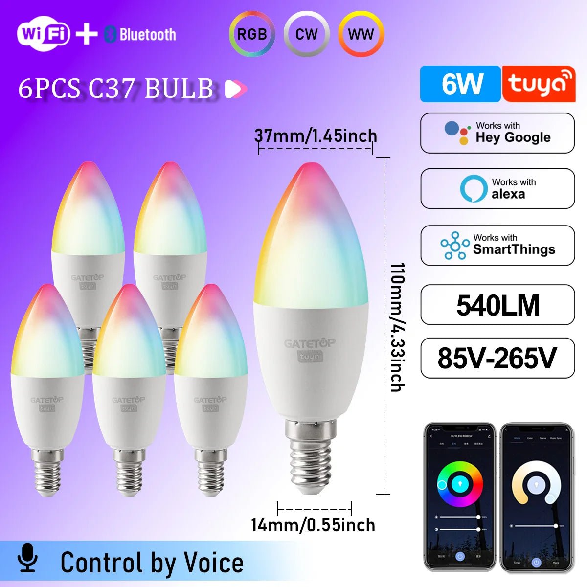 Smart RGB LED Candle Bulb E14 WiFi