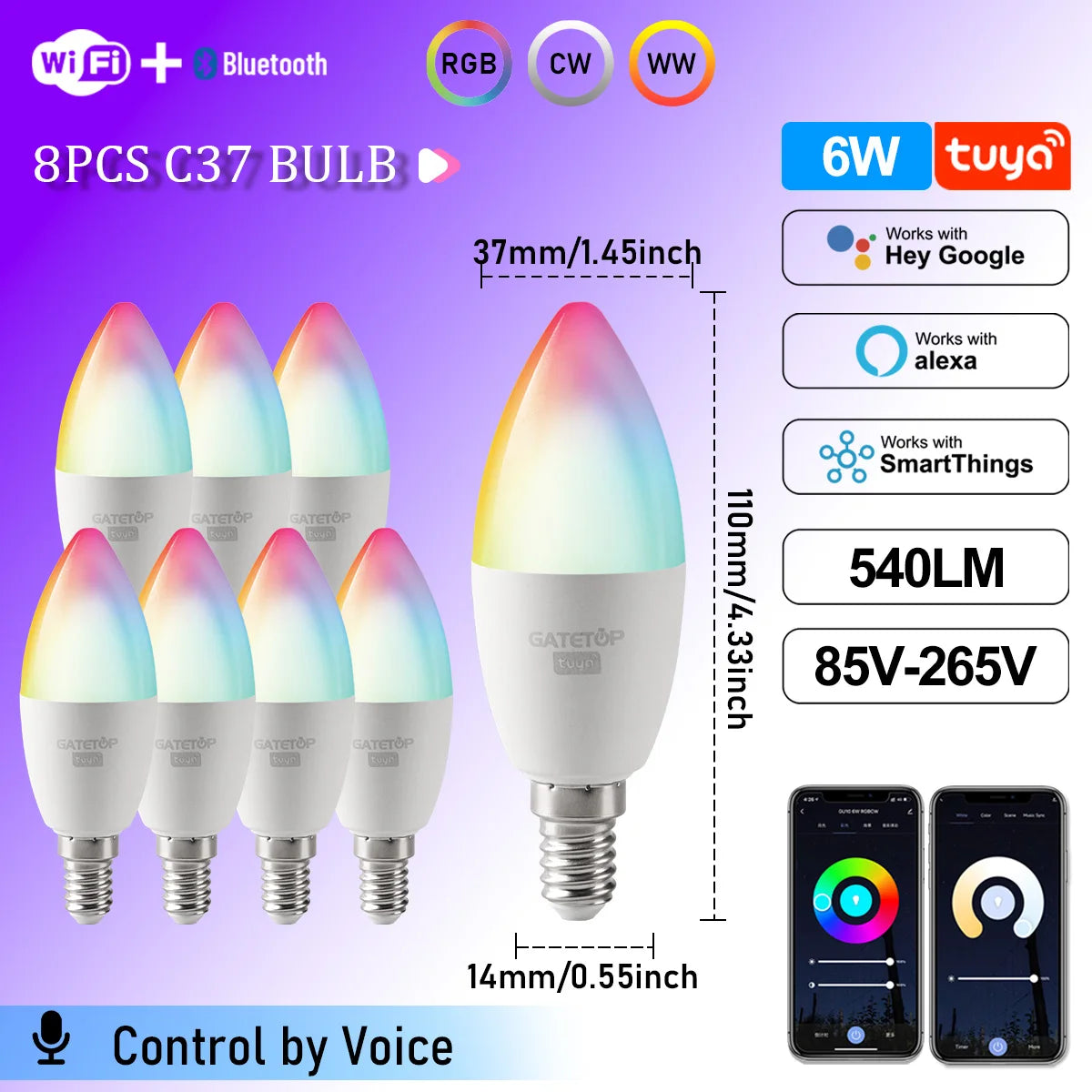 Smart RGB LED Candle Bulb E14 WiFi
